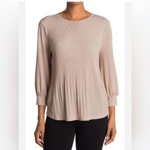 ADRIANNA PAPELL 3/4 Sleeve Pleated Top Blouse Blush Pink Black Polka Dots XL